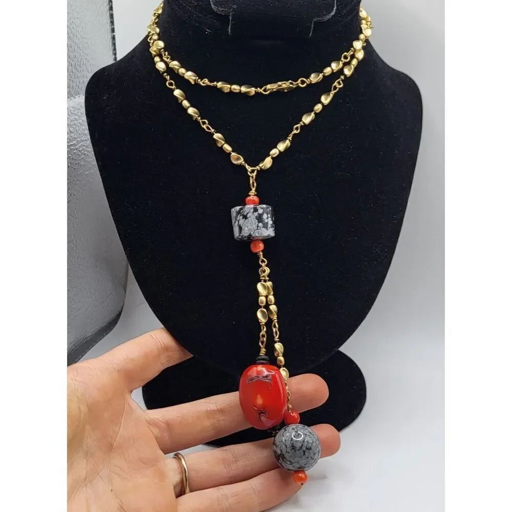 Bohemian Lariat SnowflakeโObsidian Coral Necklace 24in